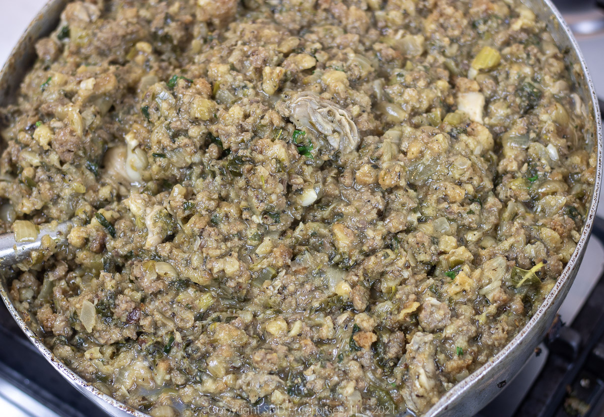 combined ingredients for oyster dressing in a frying pan