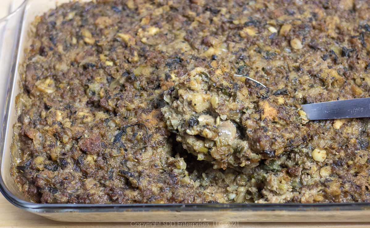 oyster dressing in a glass baking dish right out of the oven