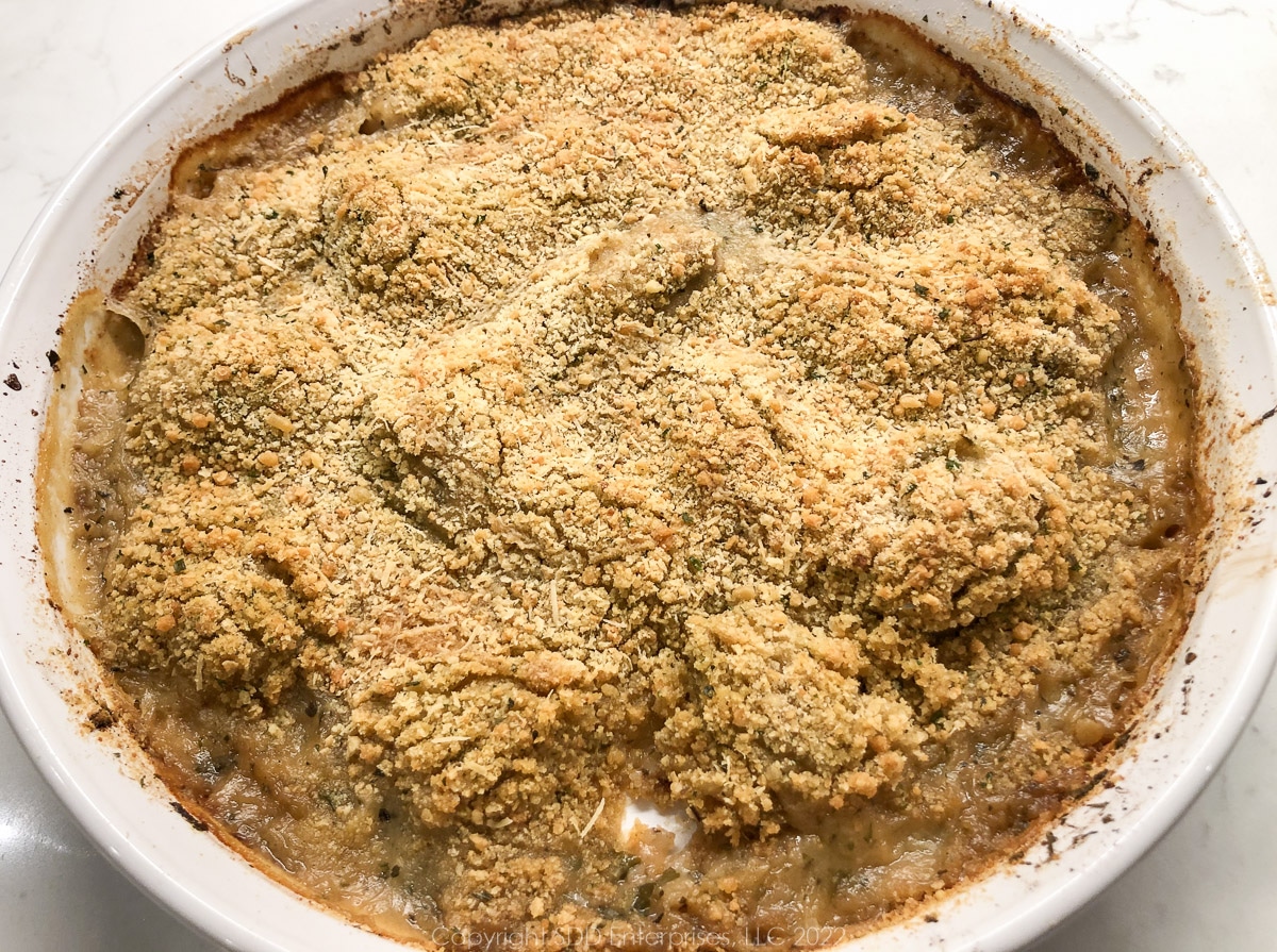 Baked Oysters in a white baking dish 