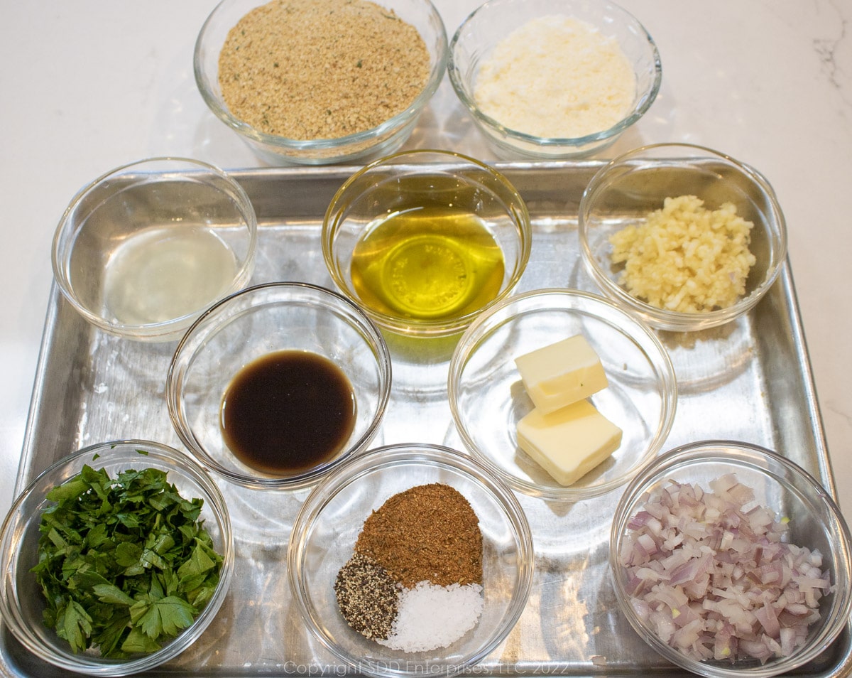 prepared ingredients for Italian baked oysters in prep bowls