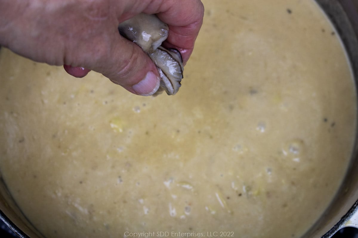 oysters added y hand to bisque in a Dutch oven