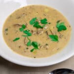 oyster artichoke bisque with garnish in a white bowl