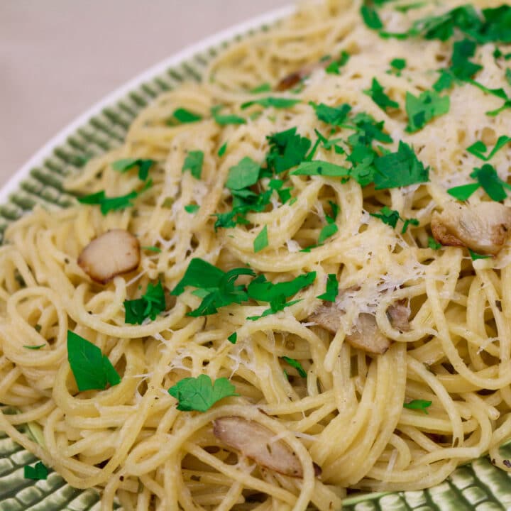spaghetti bordelaise with parsley garlic on a green and white platter