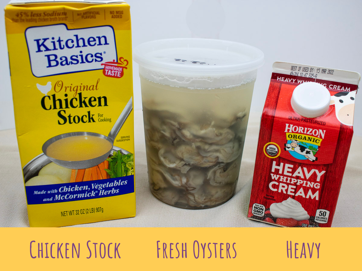containers of stock, oysters and cream