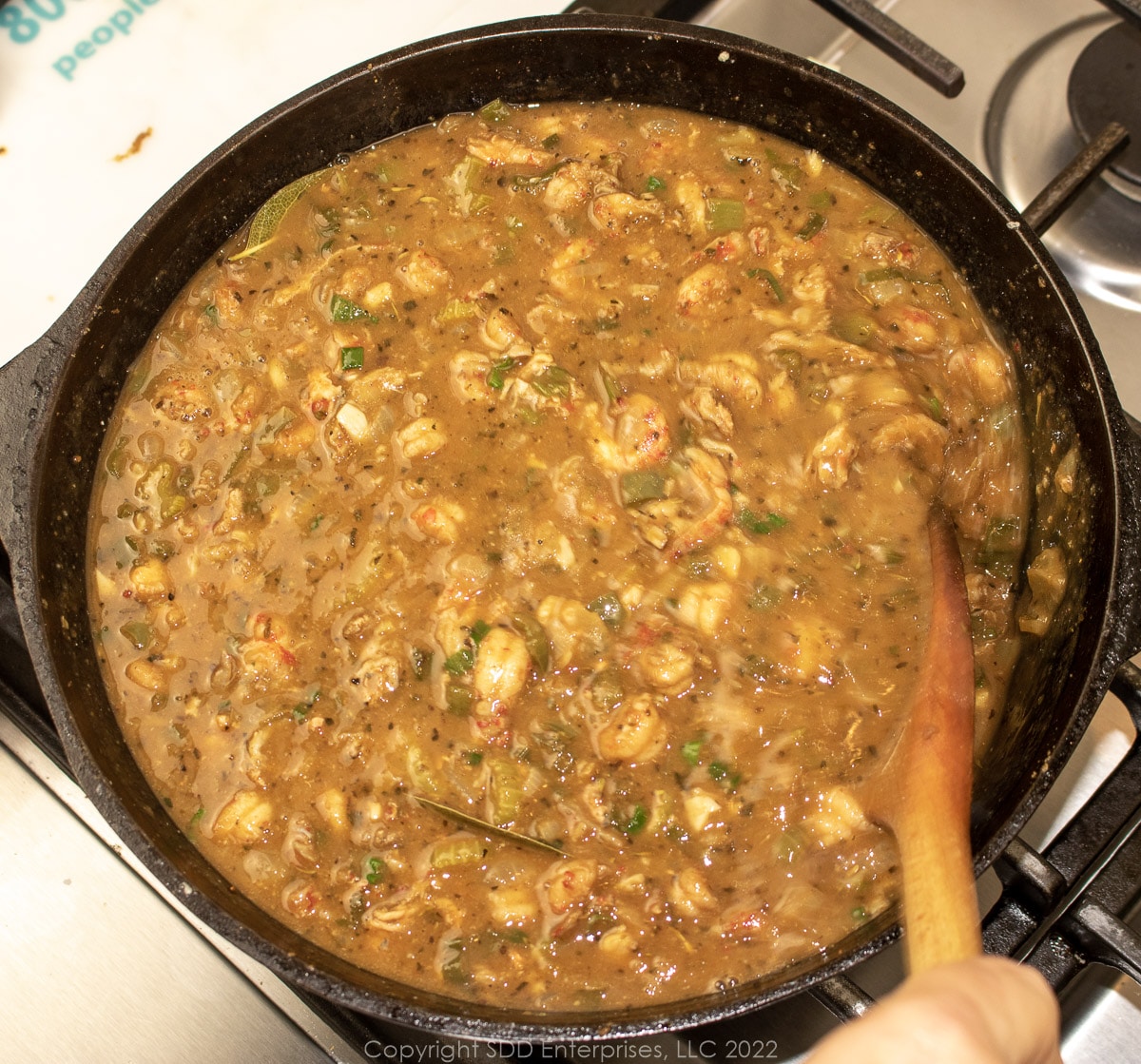 simmering etouffee in a dutch oven