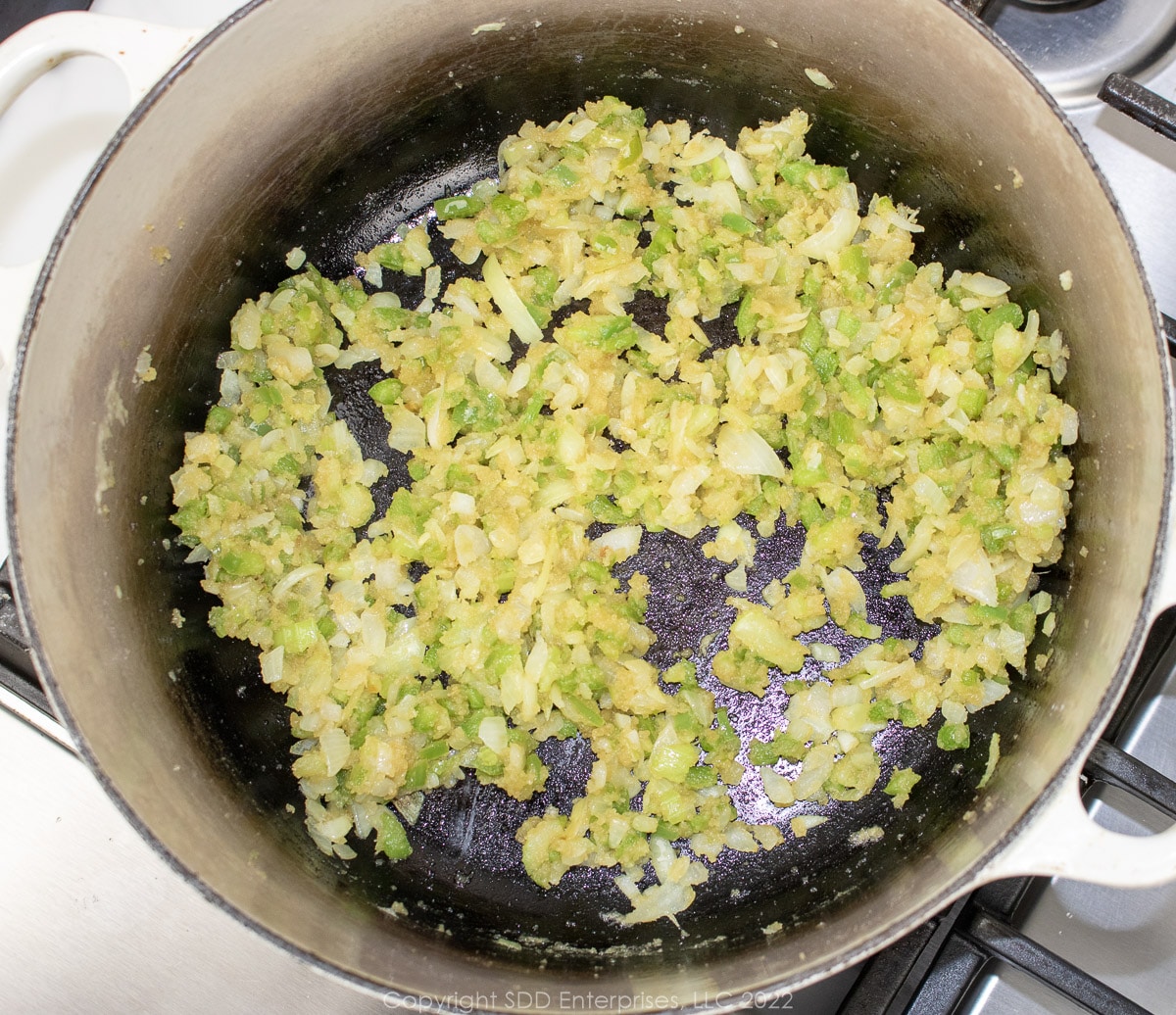 the trinity coated with blond roux in a Dutch oven