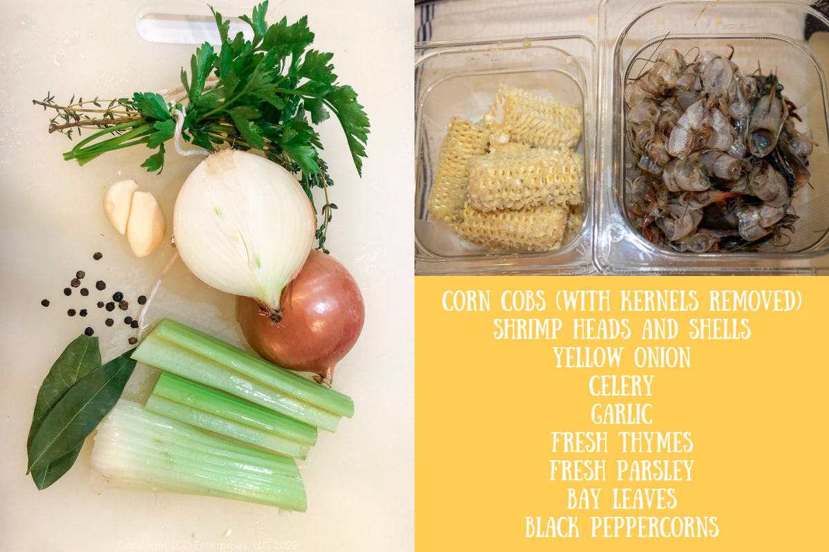 prepared ingredients for making a stock with corn cobs and shrimp shells