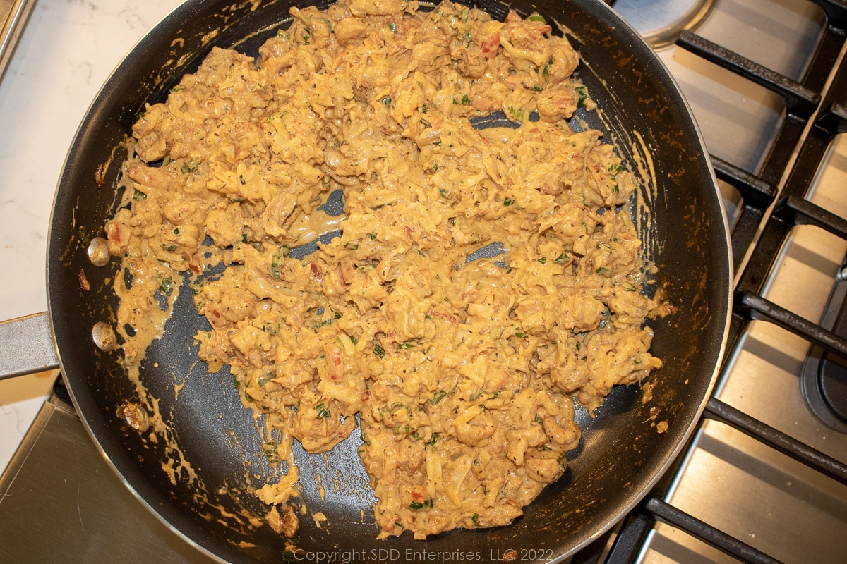 filling for crawfish bread in a sauté pan