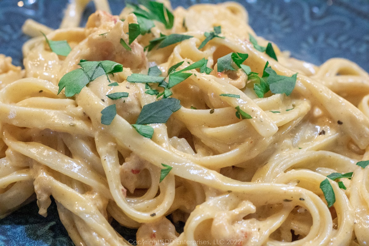 fettuccinni in alfredo sauce with crawfish and parsley garnish on a green plat
