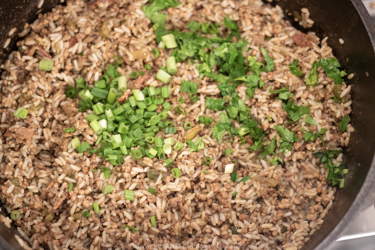 finishing touched on seasoned meats and seasonings in a Dutch oven