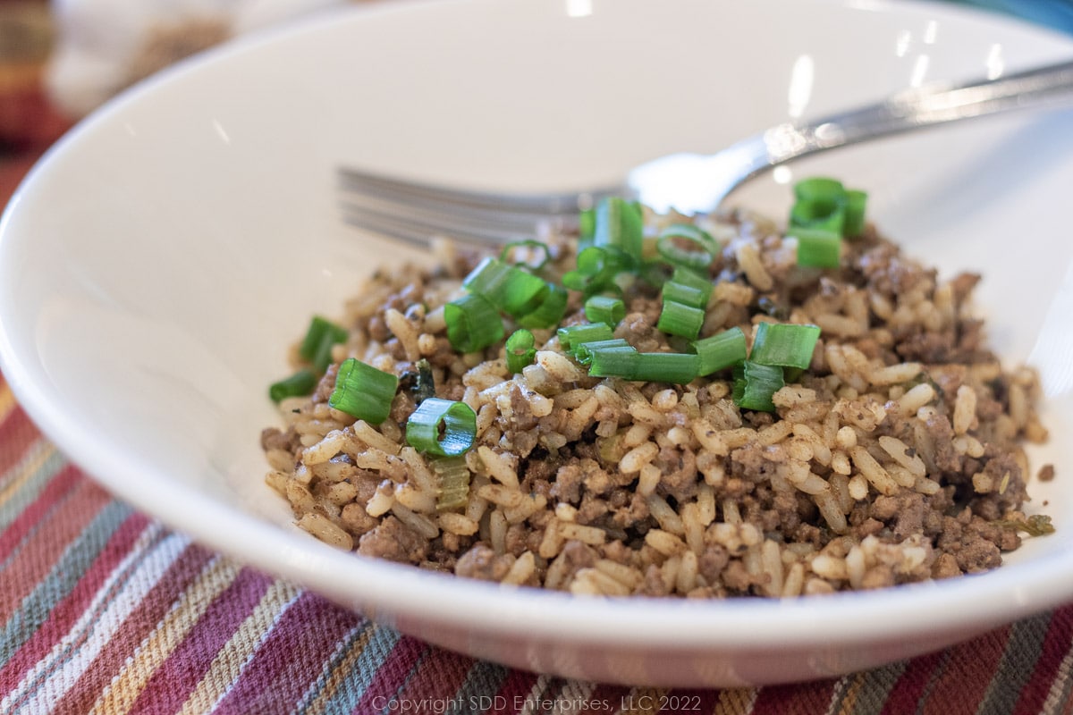 Dirty rice in a white bowl with fork and garnish