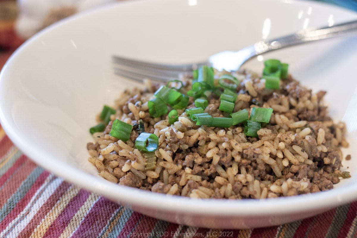 dirty rice in a white bowl with fork and garnish