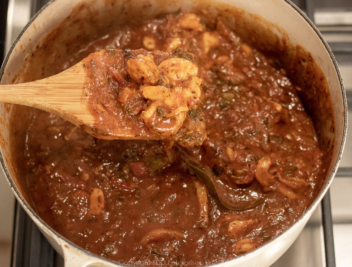 shrimp in a creole sauce in a Dutch oven