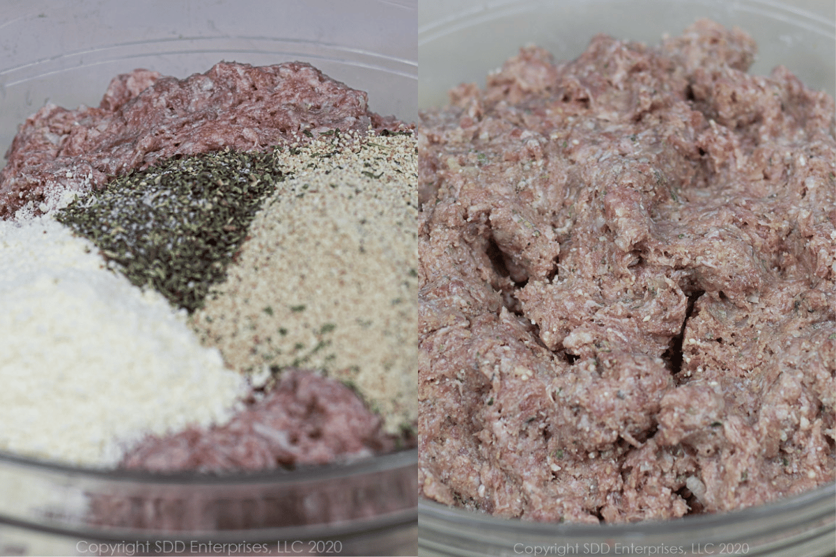 dry ingredienst added to a ground meat mixture and all the meats and ingredients combined