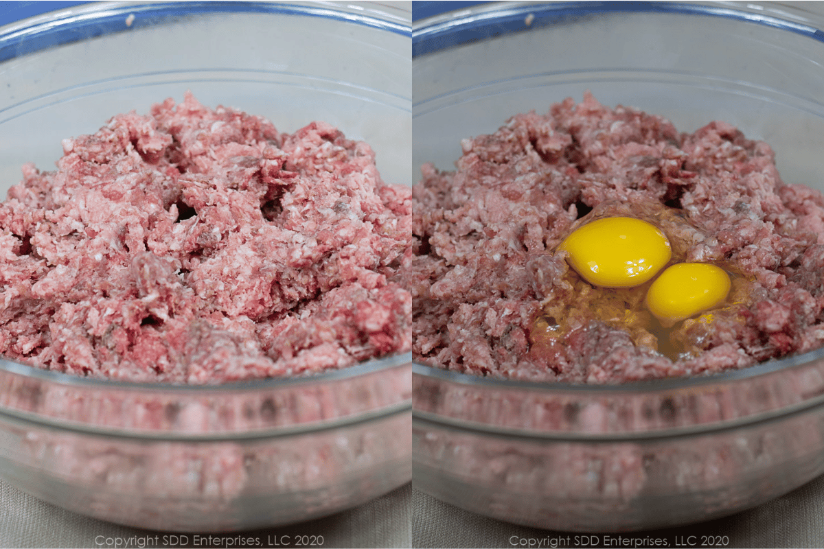 ground meats in a bowl and eggs added to the meats