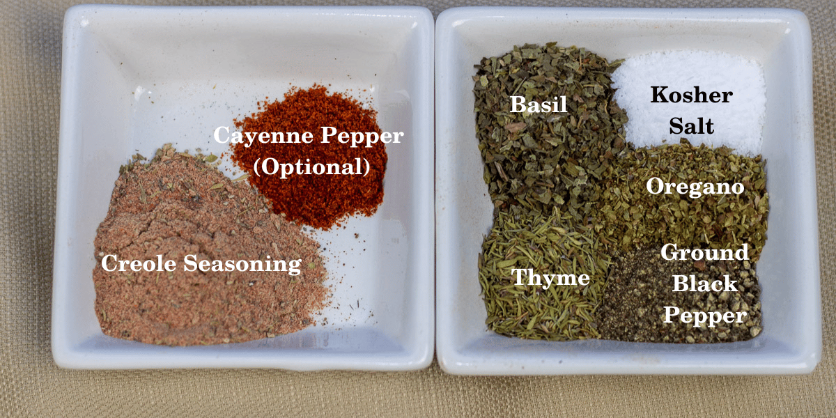 herbs and spices in white dishes