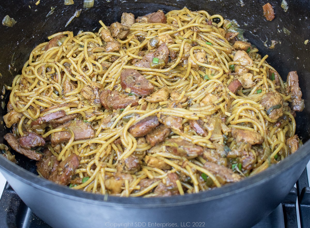 pastalaya cooked in a Dutch oven