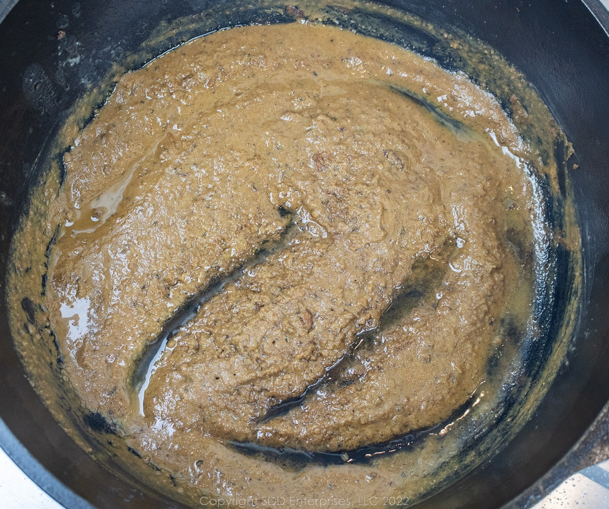 darkened roux in a Dutch oven