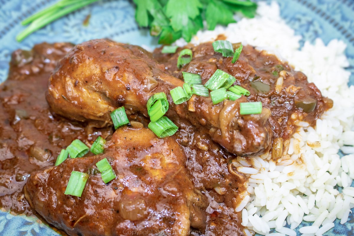 chicken sauce piquante with rice and garnish on a blue green plate