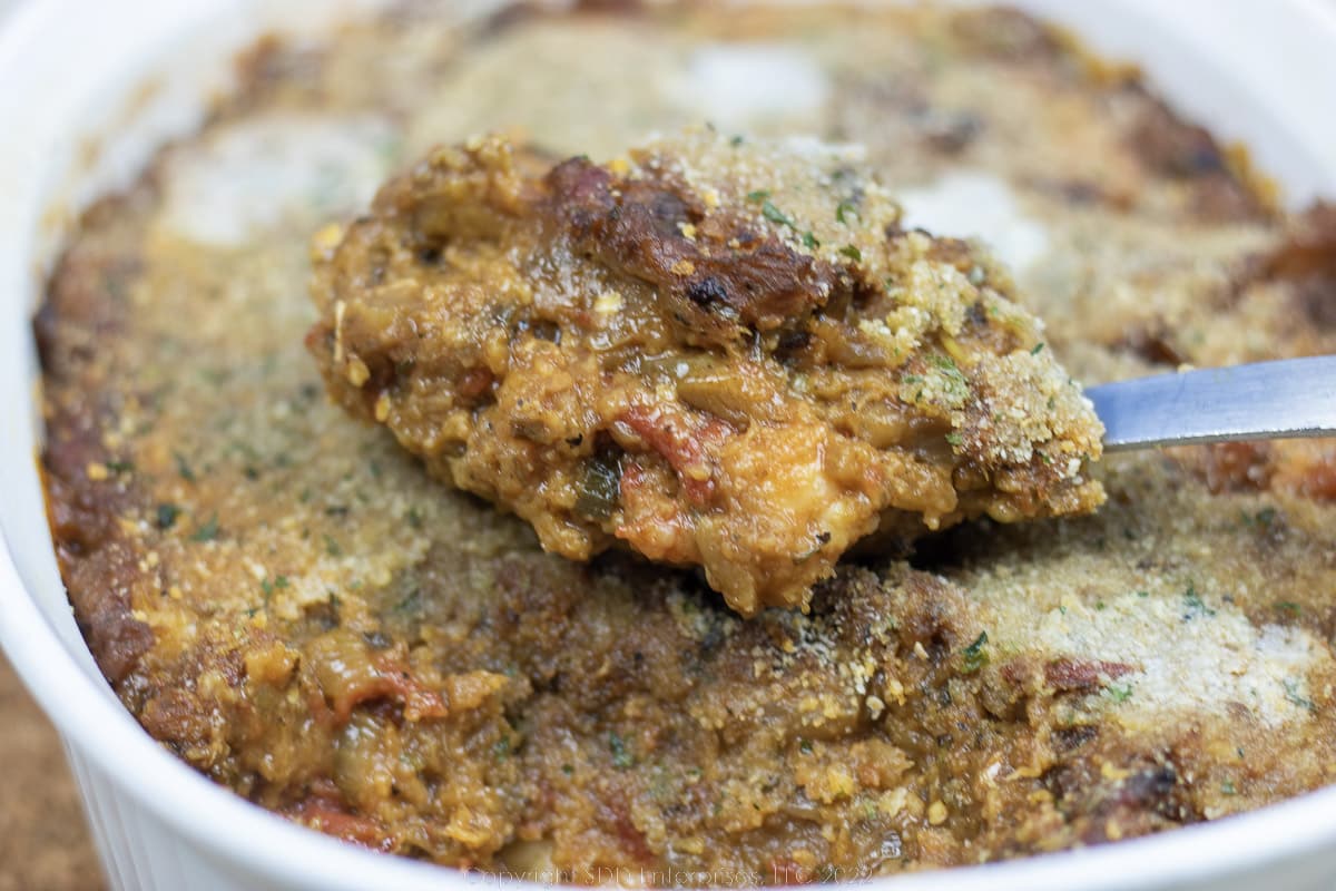 eggplant casserole in a white baking dish