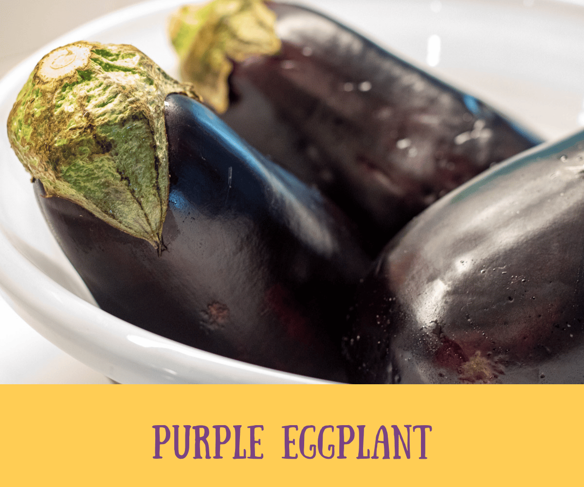 whole purple eggplant in a white bowl