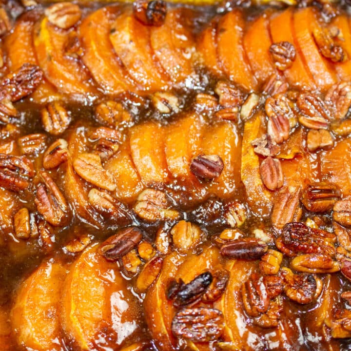 roasted sweet potatoes with cane syrup and pecans