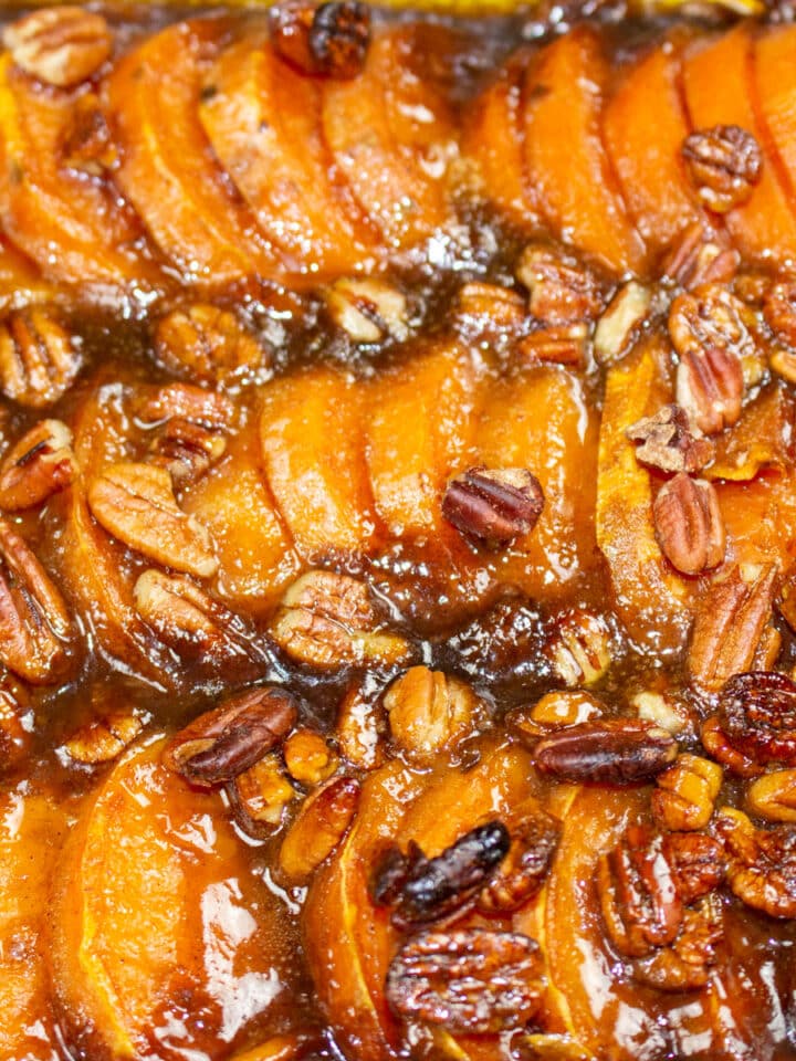 roasted sweet potatoes with cane syrup and pecans