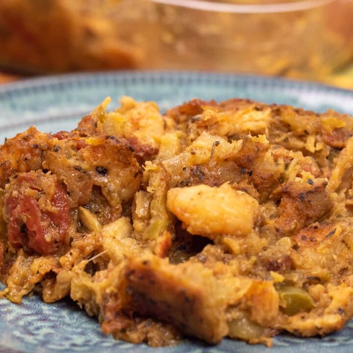 mirliton shrimp dressing on a blue green plate