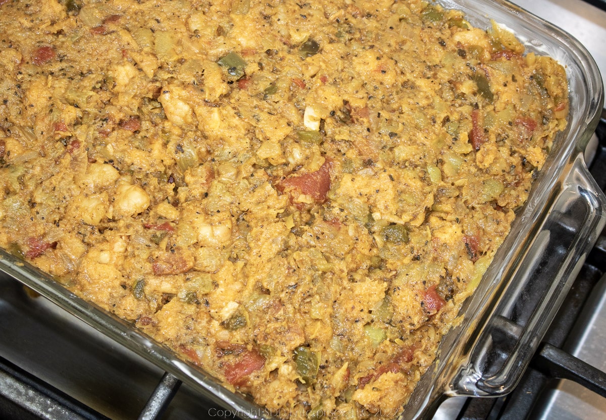 mirliton dressing in a baking dish ready for the oven