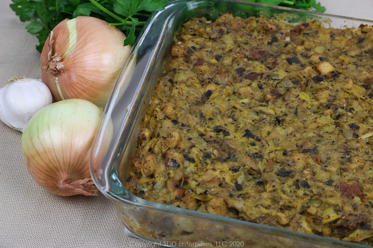 oyster artichoke dressing in a baking dish