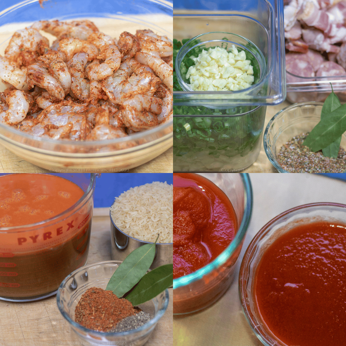 mise en place of jambalaya ingredients