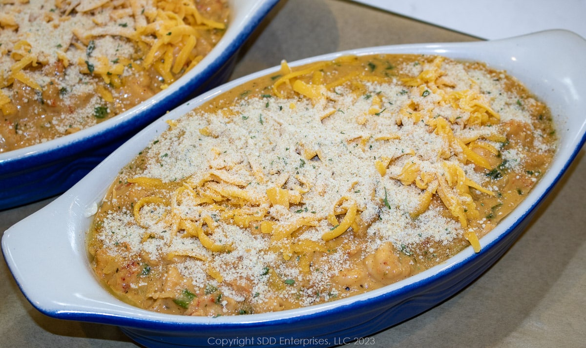 au gratin in a baking dish topped with cheese and breadcrumbs