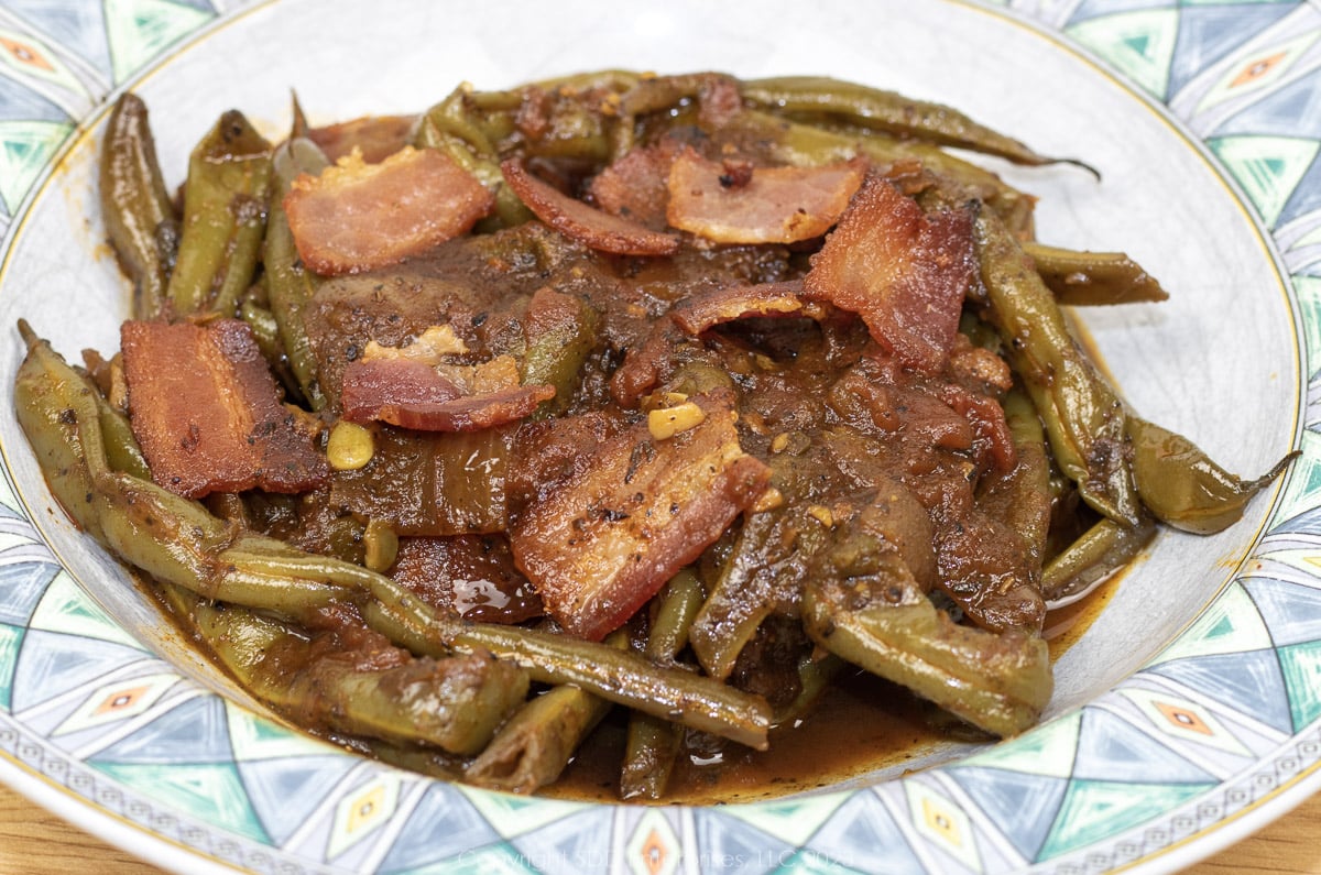 Creole Green Beans on a blue green plate