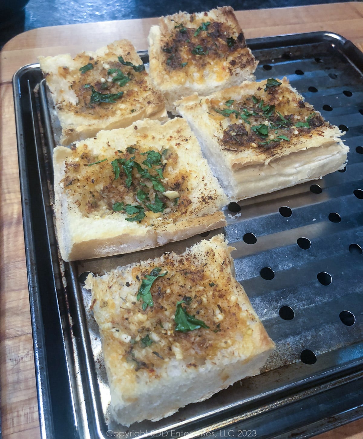 garlic bread on a cooling rack