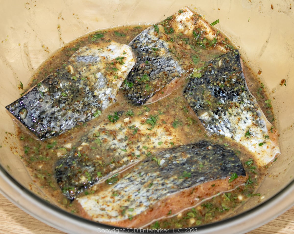 salmon fillets in marinade in a glass bowl