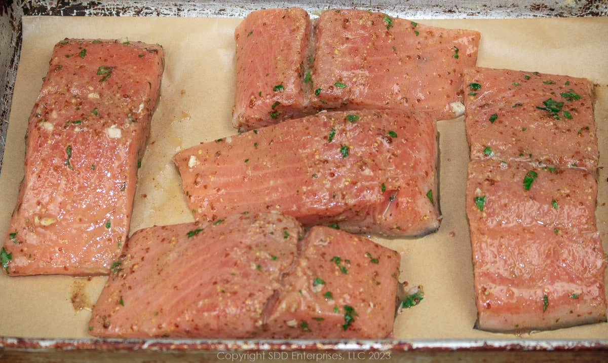 marinated salmon fillets ready for the oven