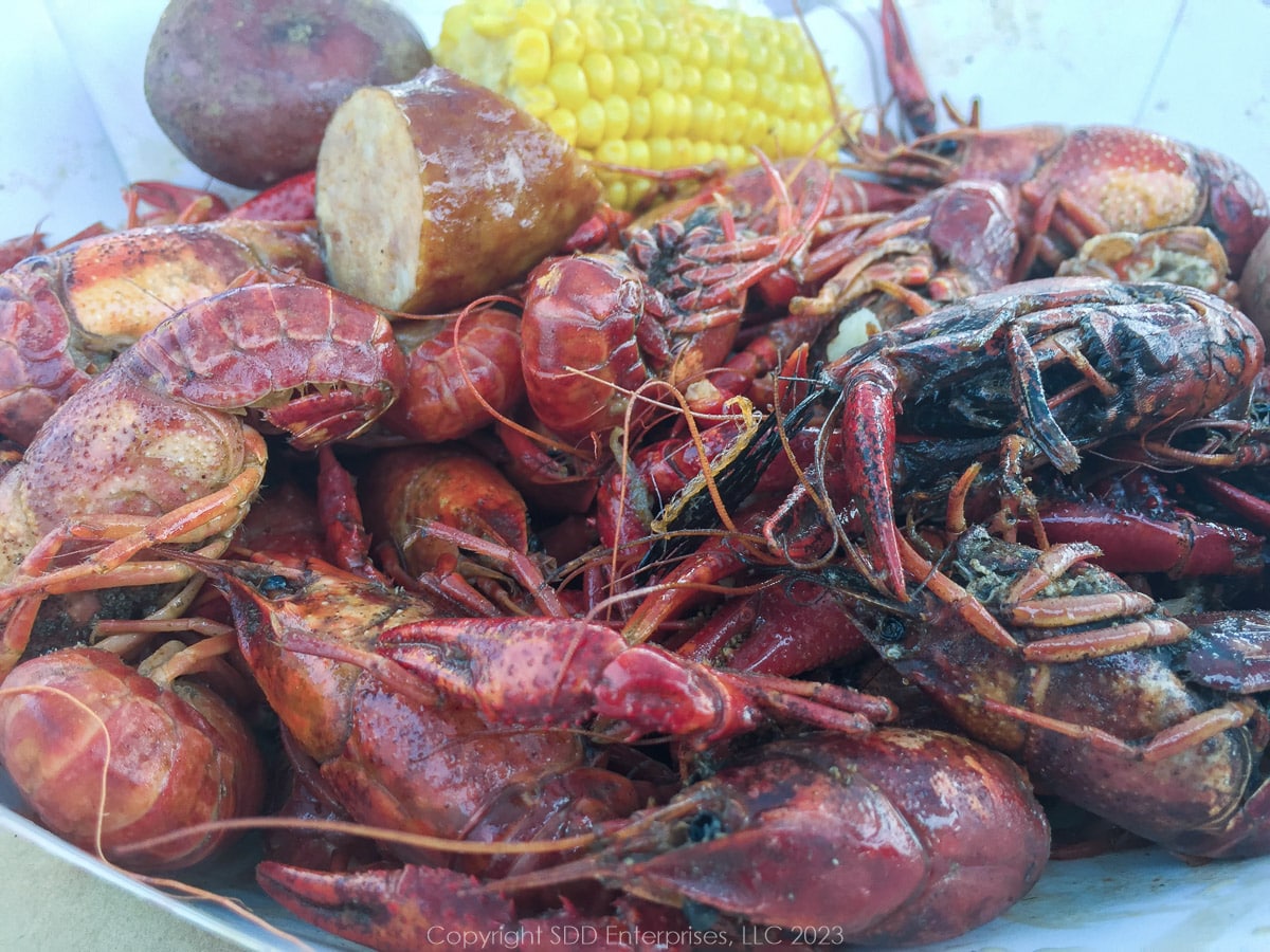 boiled crawfish with sausage, potatoes and corn