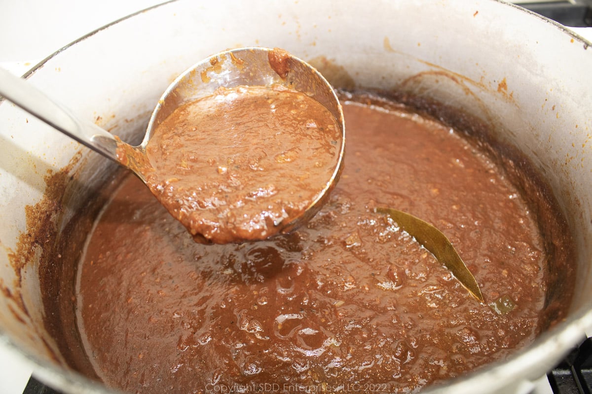 Red Gravy and a ladle in a Dutch oven