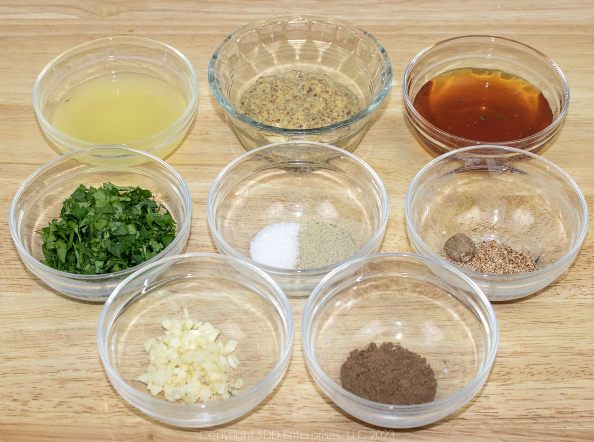 Prepared ingredients for marinade in small, individual prep bowls