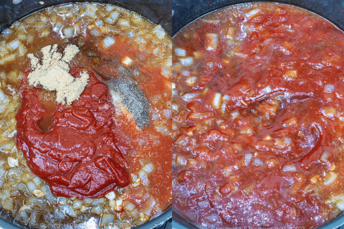 ingredients added and mixed in a Dutch oven