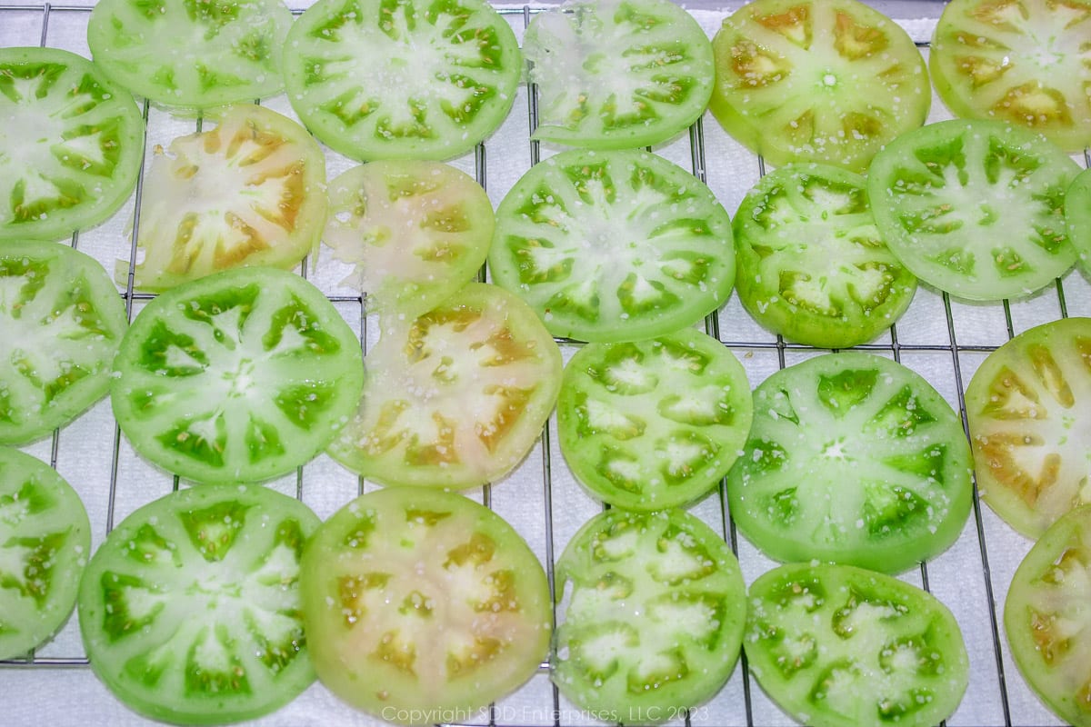 sliced salted green tomatoes on a rack