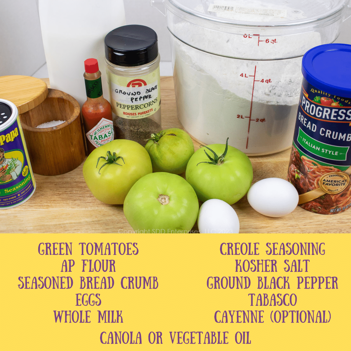Ingredients for fried green tomatoes.