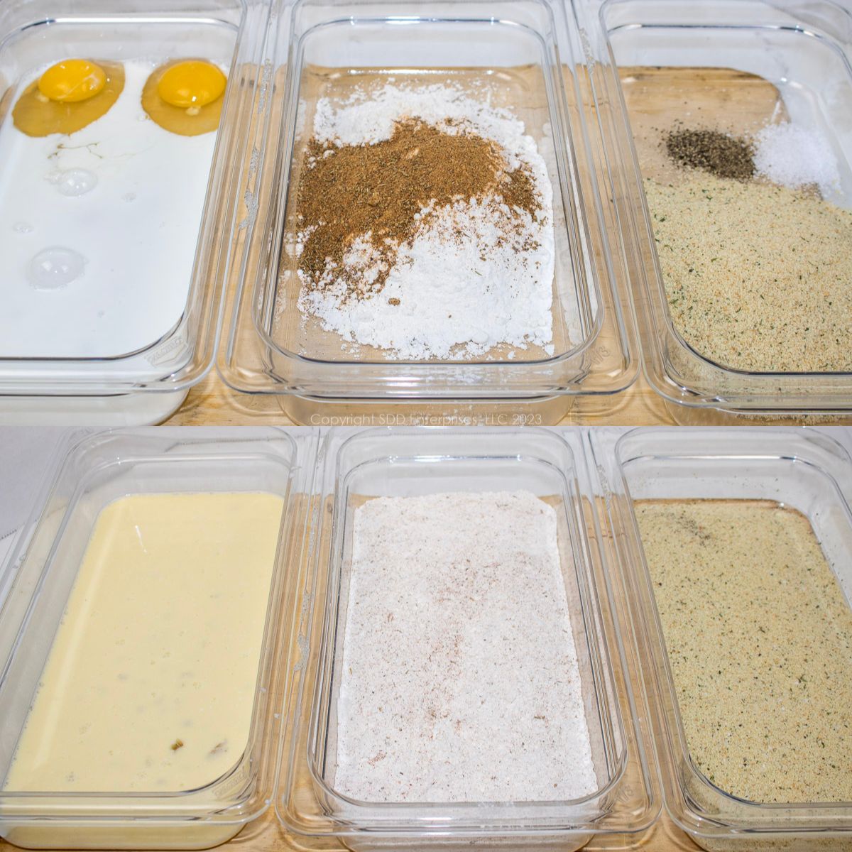 three bowls of ingredients for breading and three bowls of ingredients for breading mixed together