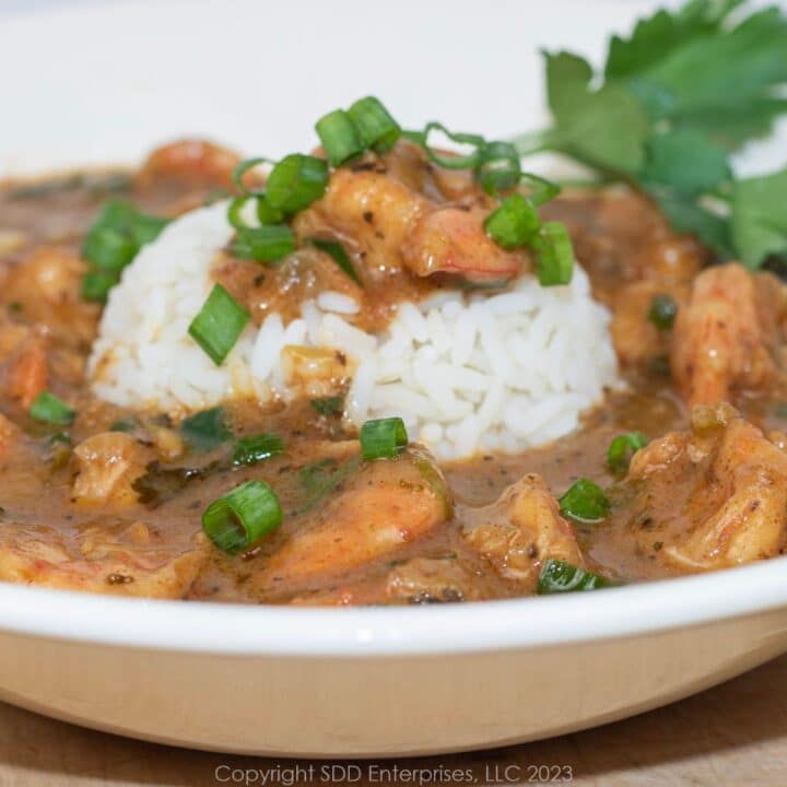 Shrimp Étouffée with rice and garnish in a white bowl
