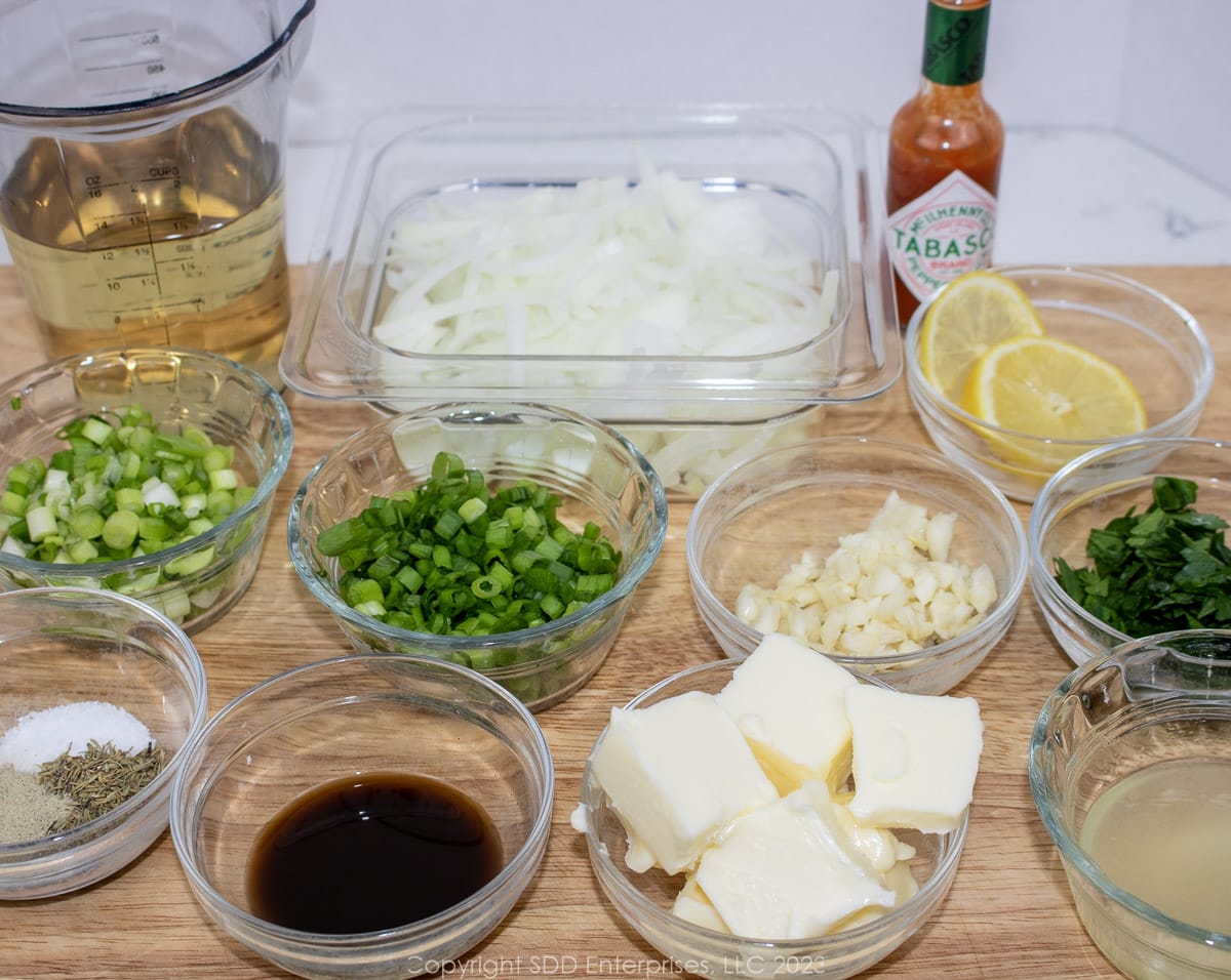 prepared ingredients for Shrimp in White Wine Sauce