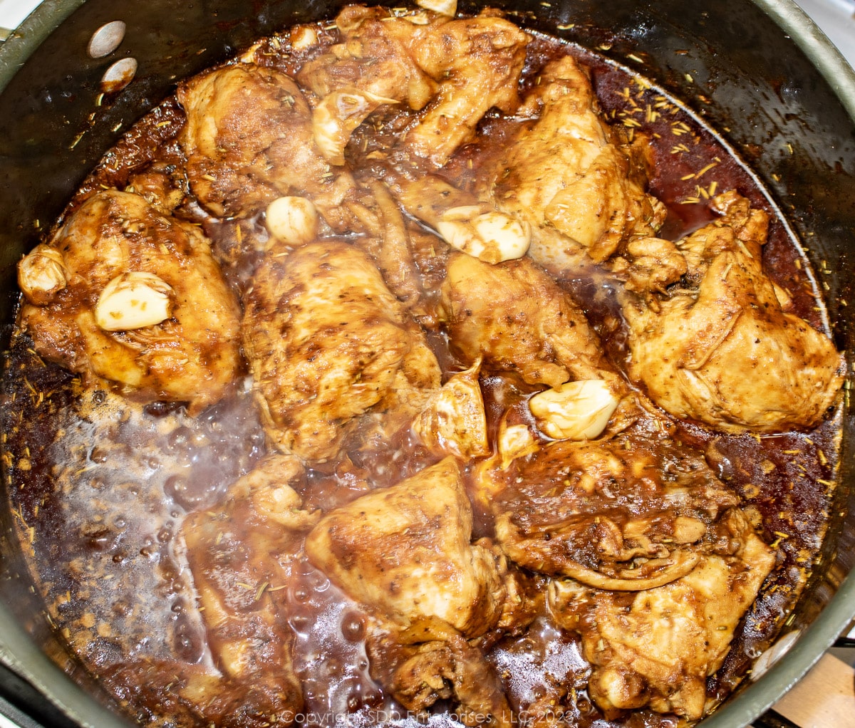 Chicken Cacciatore simmering in a Dutch oven