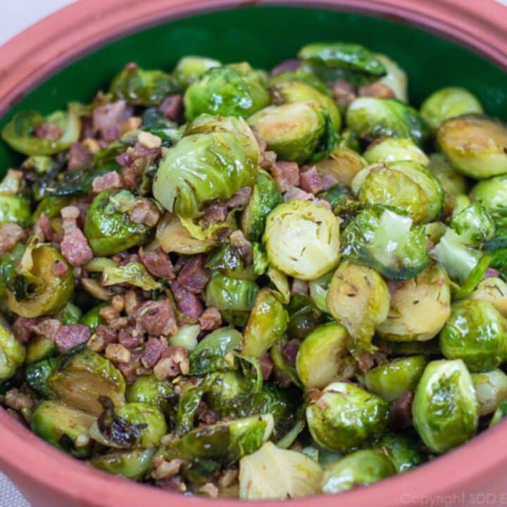 brussels sprouts with pancetta in a serving bowl