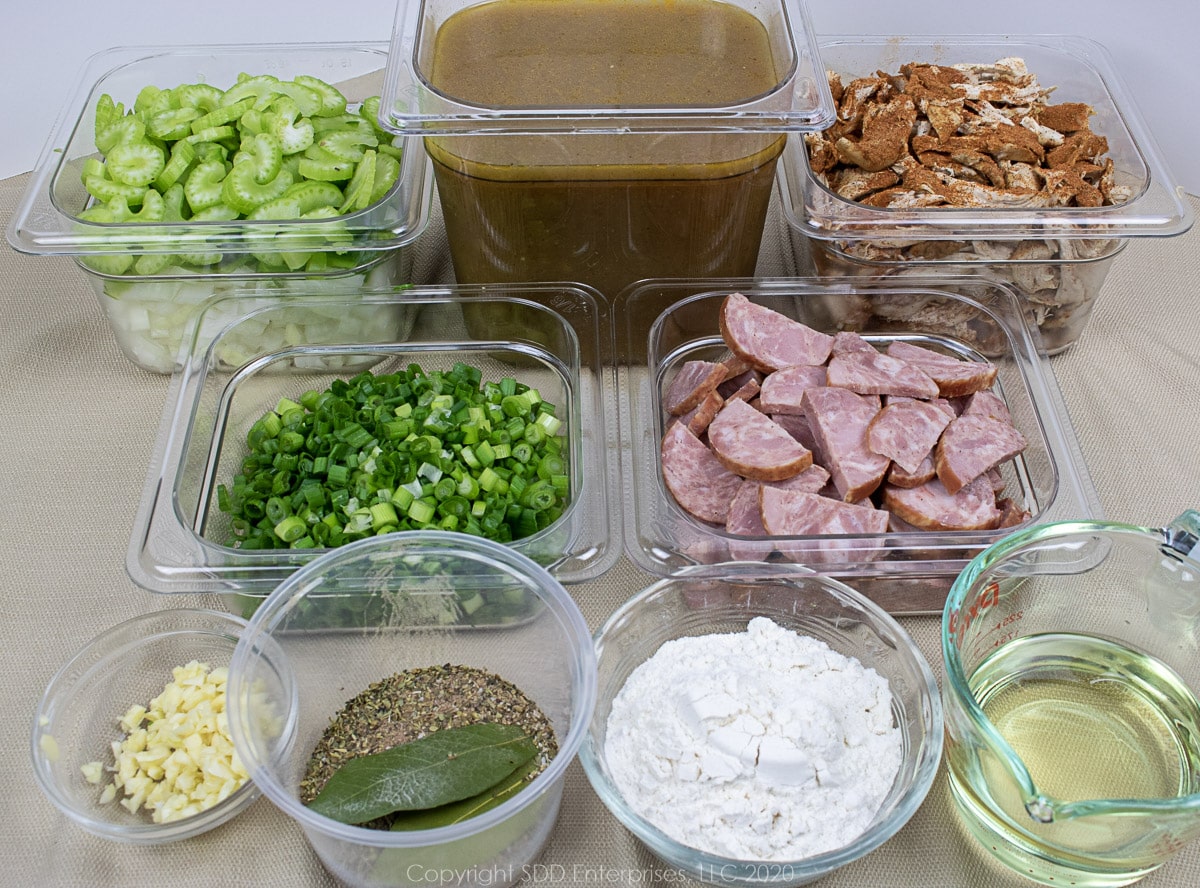 Prepared ingredients for Chicken and Andouille Gumbo.