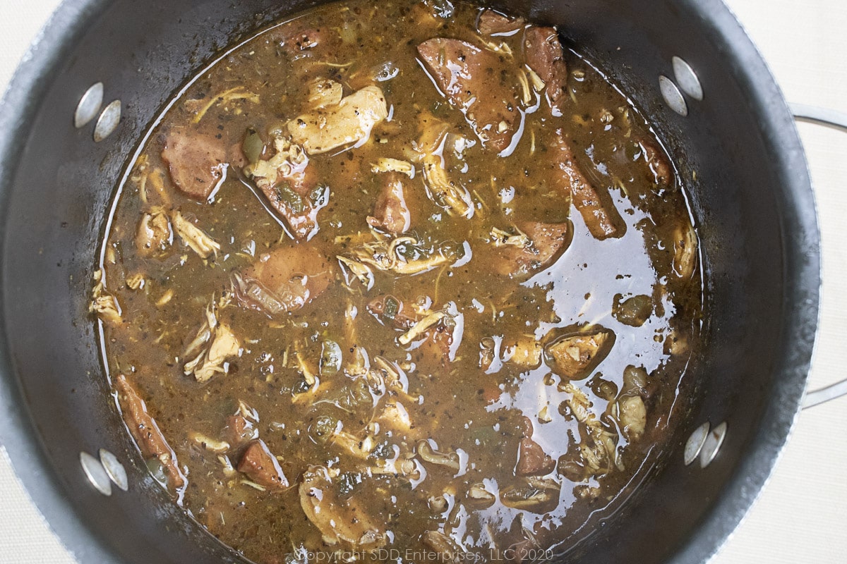 A stockpot full of Chicken and Andouille Gumbo. 