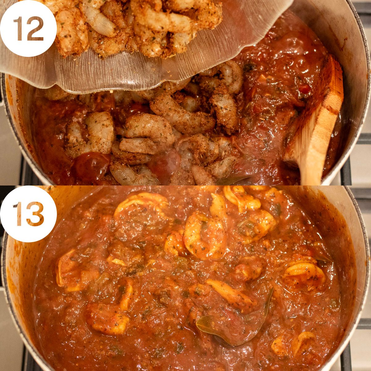 Steps for adding shrimp to tomato sauce in a Dutch oven